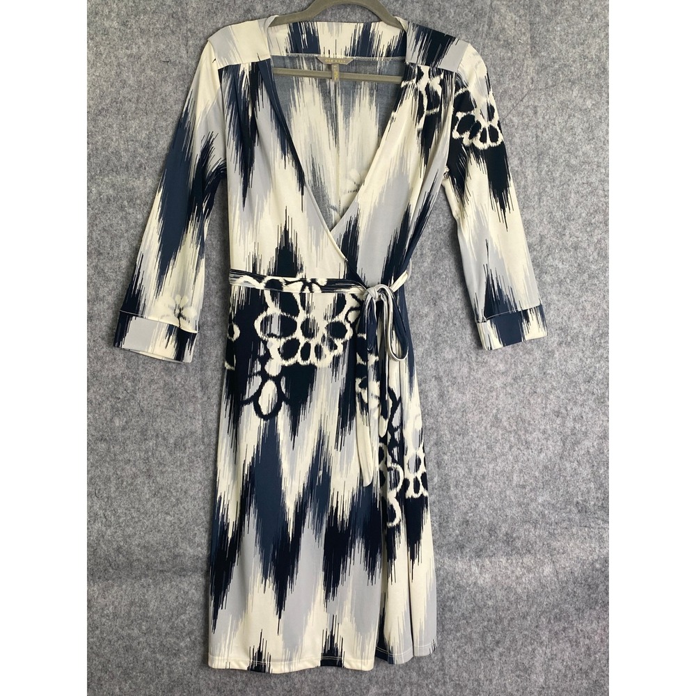 Old Navy XS Wrap Dress Black‎ Gray Ikat Print Long Sleeve Midi Lightweight Fall